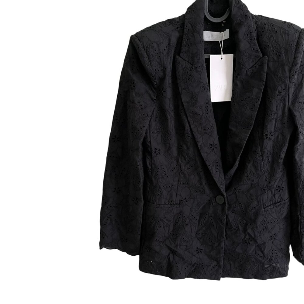 Zara Black Embroidered Eyelet Blazer Medium Organic Cotton Chic Elevated Basics - Picture 9 of 13